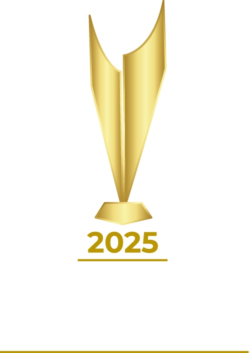 Guldglänsande trofé med texten ”2025” – symbol för utmärkelsen Årets Guldbolag.