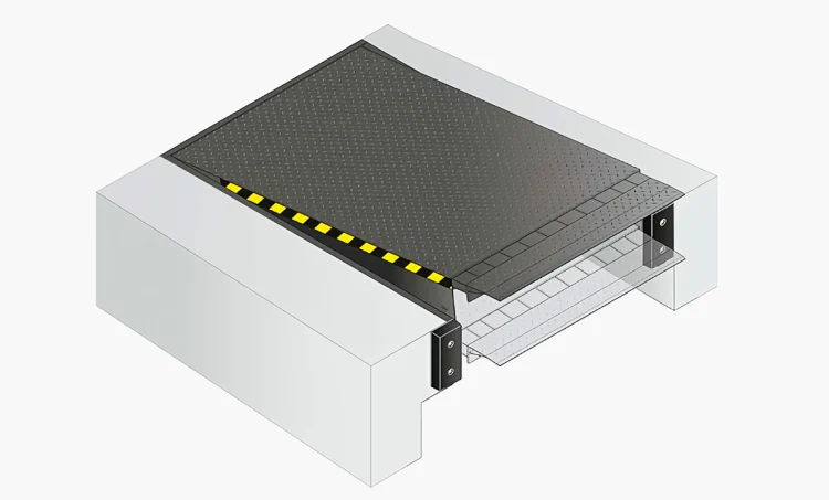 Illustration av lastbrygga med uppfälld ramp och tydliga säkerhetsmarkeringar